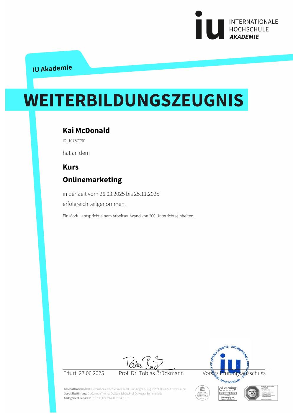 Zertifikat Online Marketing – Kai McDonald